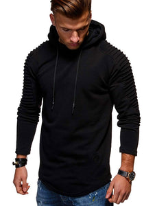 Solid Color Pleated Sleeve Long Fleece Hoodie - vendach