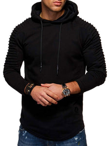 Solid Color Pleated Sleeve Long Fleece Hoodie - vendach