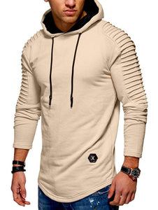 Solid Color Pleated Sleeve Long Fleece Hoodie - vendach