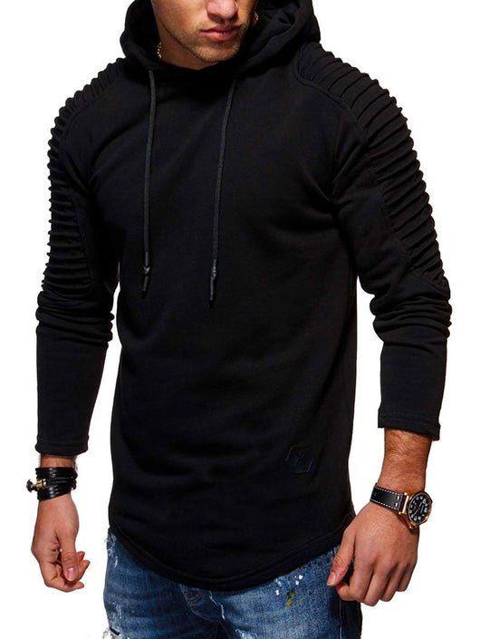 Solid Color Pleated Sleeve Long Fleece Hoodie - vendach