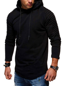 Solid Color Pleated Sleeve Long Fleece Hoodie - vendach