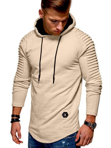 Solid Color Pleated Sleeve Long Fleece Hoodie - vendach