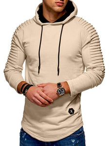 Solid Color Pleated Sleeve Long Fleece Hoodie - vendach