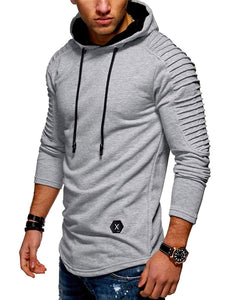 Solid Color Pleated Sleeve Long Fleece Hoodie - vendach