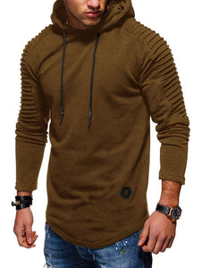 Solid Color Pleated Sleeve Long Fleece Hoodie - vendach