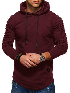 Solid Color Pleated Sleeve Long Fleece Hoodie - vendach