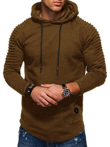Solid Color Pleated Sleeve Long Fleece Hoodie - vendach