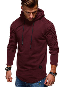 Solid Color Pleated Sleeve Long Fleece Hoodie - vendach