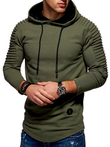 Solid Color Pleated Sleeve Long Fleece Hoodie - vendach