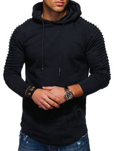 Solid Color Pleated Sleeve Long Fleece Hoodie - vendach