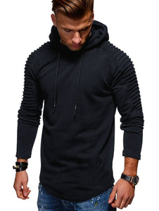 Solid Color Pleated Sleeve Long Fleece Hoodie - vendach