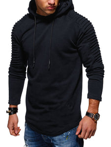 Solid Color Pleated Sleeve Long Fleece Hoodie - vendach