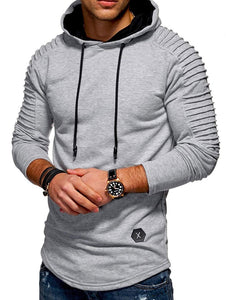 Solid Color Pleated Sleeve Long Fleece Hoodie - vendach