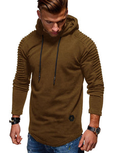 Solid Color Pleated Sleeve Long Fleece Hoodie - vendach