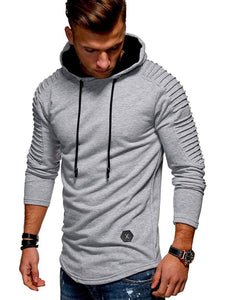 Solid Color Pleated Sleeve Long Fleece Hoodie - vendach