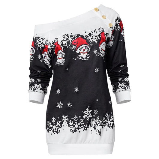 Skew Neck Long Sleeve Kitten Christmas Print Button Women Sweatshirt - vendach