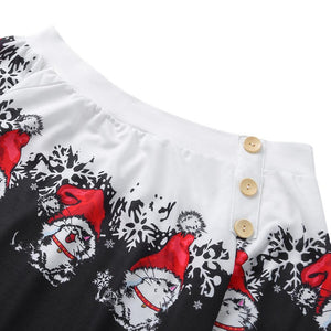 Skew Neck Long Sleeve Kitten Christmas Print Button Women Sweatshirt - vendach