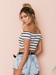 Load image into Gallery viewer, Off shoulder Stripes  Crop Top
