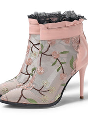 Load image into Gallery viewer, Ruffle Ankle Embroidered Mesh Heels
