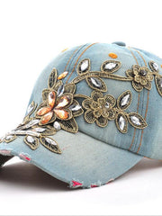 Load image into Gallery viewer, Women&#39;s Denim Baseball Cap Diamonds &amp; Embroidery w/ Flowers

