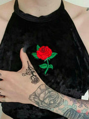 Load image into Gallery viewer, Rose Embroidered Velvet Halter Top and Shorts Set
