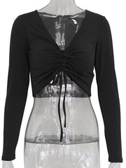 Load image into Gallery viewer, V Neck Long Sleeve  Ruched Lace Up Top
