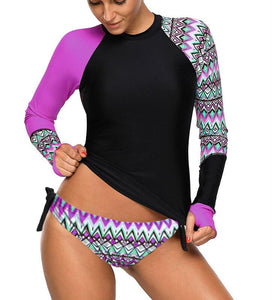 Sexy Splicing Plus Size Swimwear Contrast Rosy Detail Long Sleeve Tankini Swimsuit - vendach