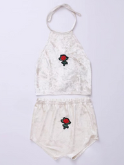 Load image into Gallery viewer, Rose Embroidered Velvet Halter Top and Shorts Set
