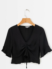 Load image into Gallery viewer, V Neck Short Sleeve  Ruched Lace Up Casual T-Shirts
