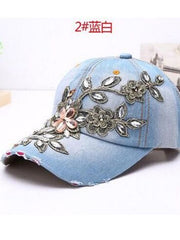 Load image into Gallery viewer, Women&#39;s Denim Baseball Cap Diamonds &amp; Embroidery w/ Flowers
