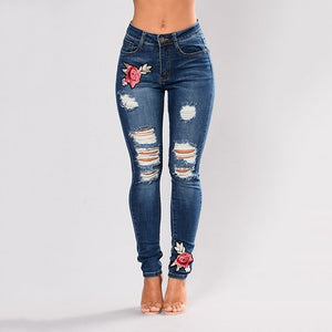 Flower Embroidered Ripped Jeans
