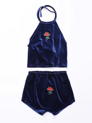 Load image into Gallery viewer, Rose Embroidered Velvet Halter Top and Shorts Set
