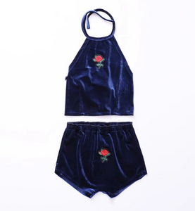 Rose Embroidered Velvet Halter Top and Shorts Set