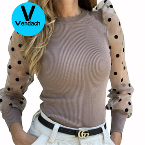 Knitted Polka Dot Puff Long Sleeve Blouse