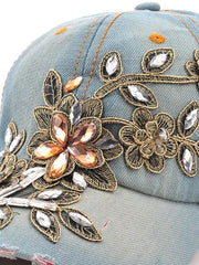 Load image into Gallery viewer, Women&#39;s Denim Baseball Cap Diamonds &amp; Embroidery w/ Flowers

