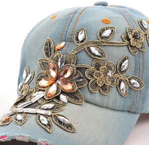 Women's Denim Baseball Cap Diamonds & Embroidery w/ Flowers