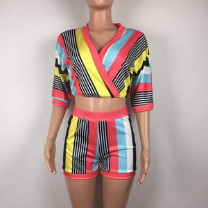 Two Piece Striped Top & Bodycon Shorts