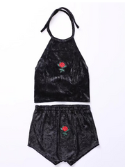 Load image into Gallery viewer, Rose Embroidered Velvet Halter Top and Shorts Set
