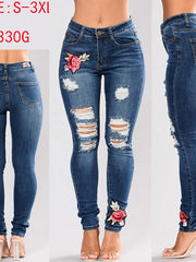 Load image into Gallery viewer, Flower Embroidered Ripped Jeans
