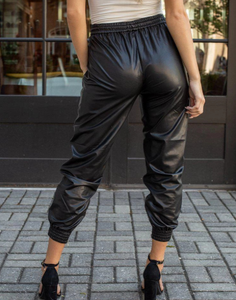 Faux Leather Elastic Waist Pants
