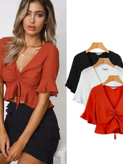 Load image into Gallery viewer, V Neck Short Sleeve  Ruched Lace Up Casual T-Shirts
