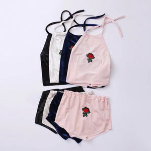Rose Embroidered Velvet Halter Top and Shorts Set