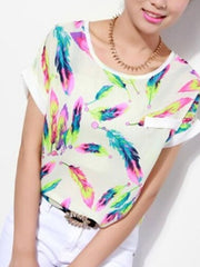 Load image into Gallery viewer, Short Sleeved Chiffon Blouse with Feathers
