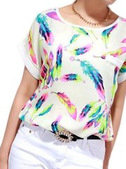Load image into Gallery viewer, Short Sleeved Chiffon Blouse with Feathers
