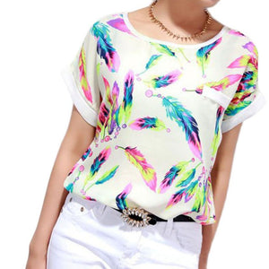 Short Sleeved Chiffon Blouse with Feathers