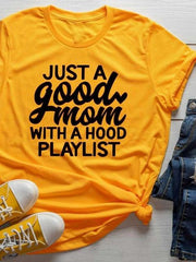 Load image into Gallery viewer, Just a Good Mom with Hood Playlist t-shirt - vendach
