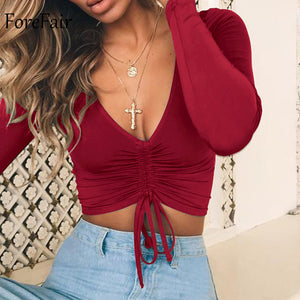 V Neck Long Sleeve  Ruched Lace Up Top