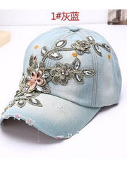 Load image into Gallery viewer, Women&#39;s Denim Baseball Cap Diamonds &amp; Embroidery w/ Flowers
