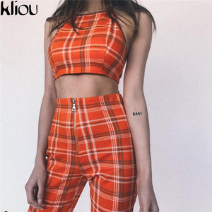 Plaid Sleeveless Crop Top and Pant Outfit