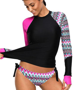 Sexy Splicing Plus Size Swimwear Contrast Rosy Detail Long Sleeve Tankini Swimsuit - vendach